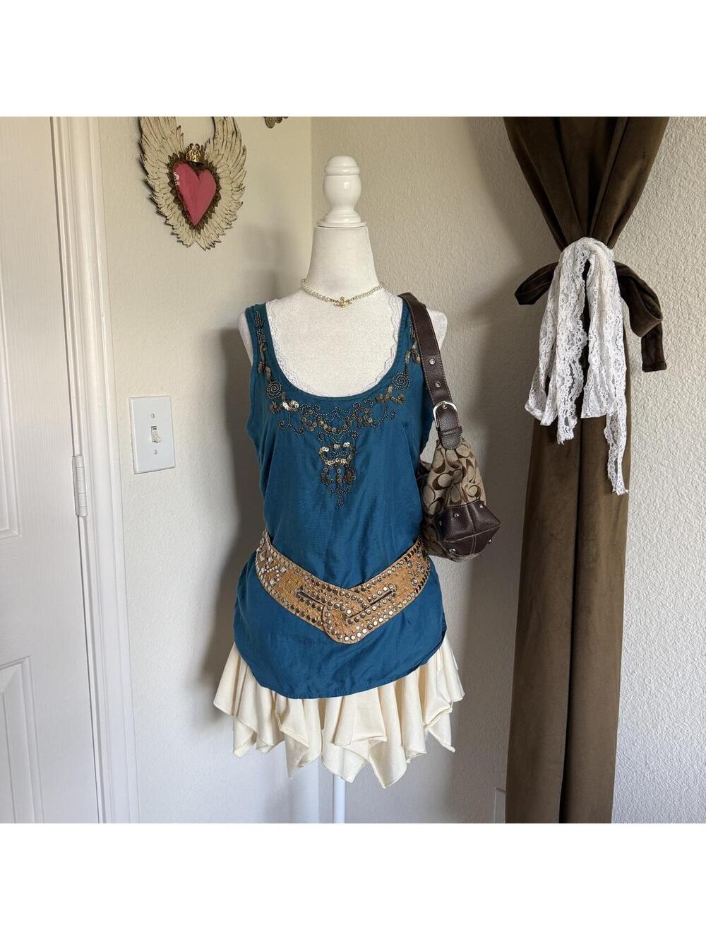 LOFT Blue Beaded Silk Cotton Blend Tank Top Boho Fairycore